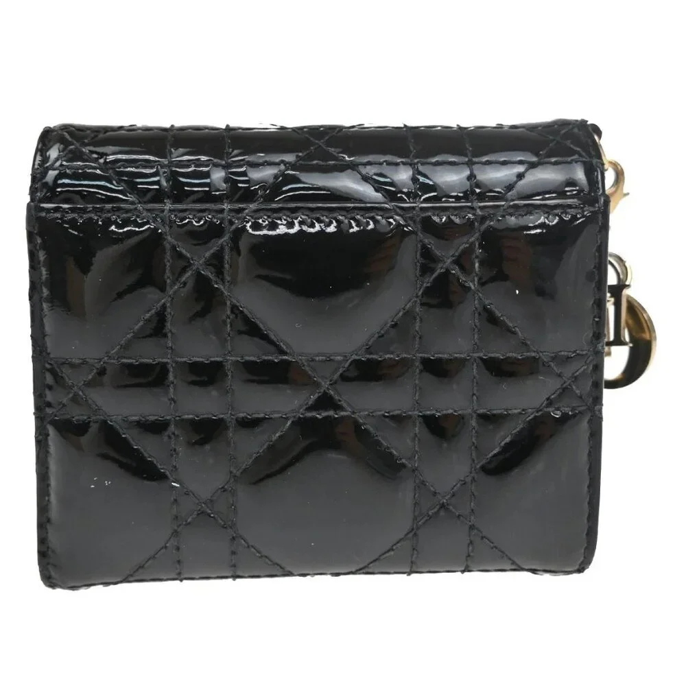 CHRISTIAN DIOR Cannage Trifold Compact Wallet Patent Leather Black GHW 35TA317